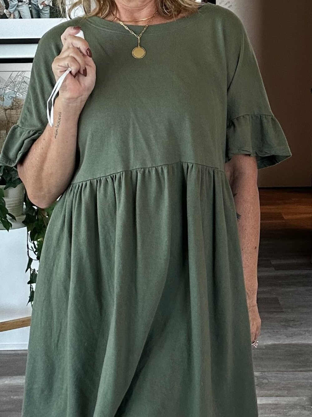 Jillian Harris Olive Green Flutter Sleeve Babydoll Dress | Size Small - Picture 1 of 3